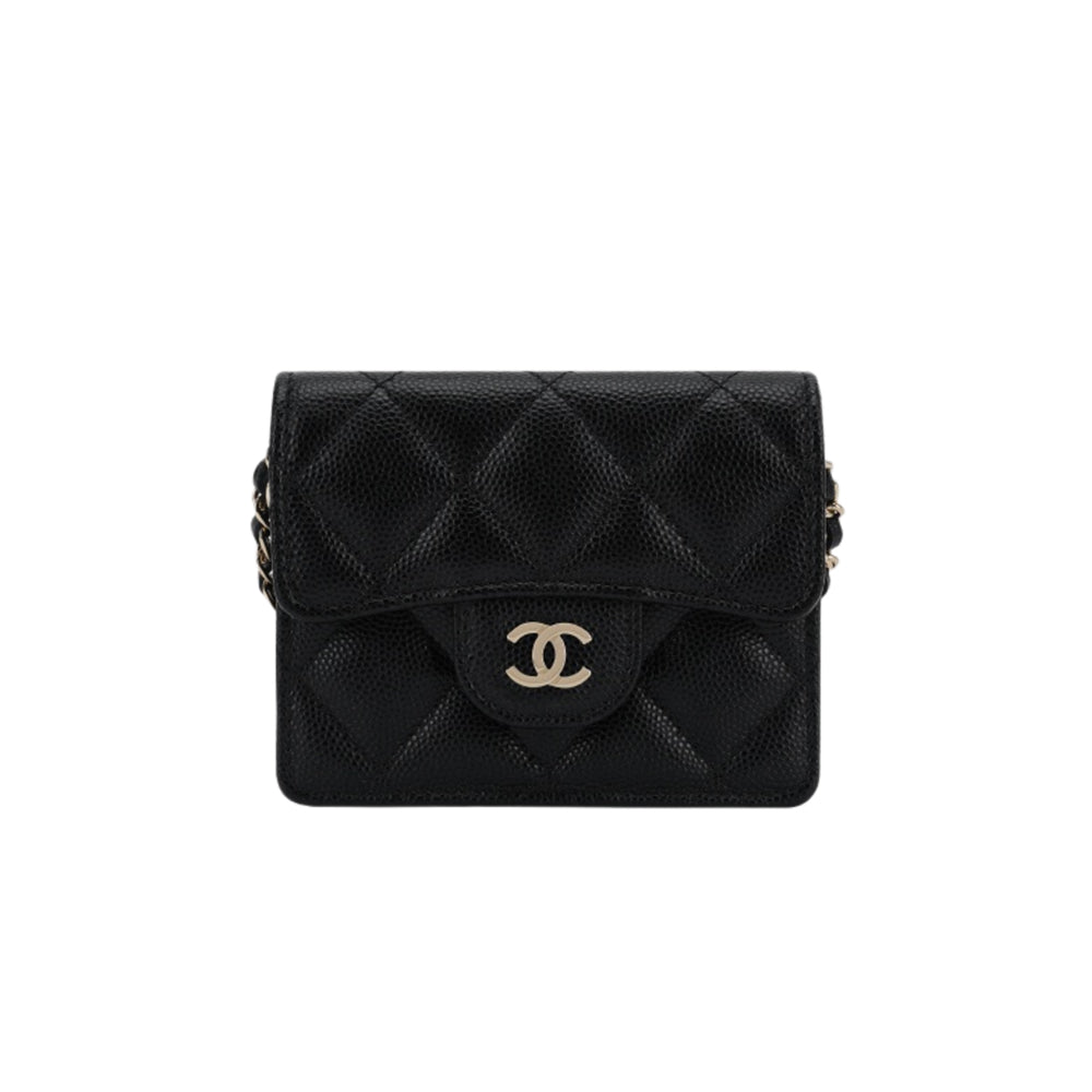 샤넬 클래식 플랩 체인 카드 홀더 그레인드 카프스킨 & 골드 메탈 블랙