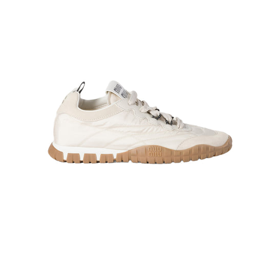 미우 미우 타이어 테크니컬 패브릭 앤 스웨이드 스니커즈 아이보리