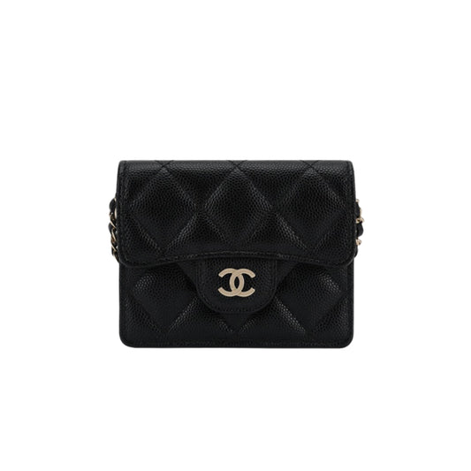 샤넬 클래식 플랩 체인 카드 홀더 그레인드 카프스킨 & 골드 메탈 블랙